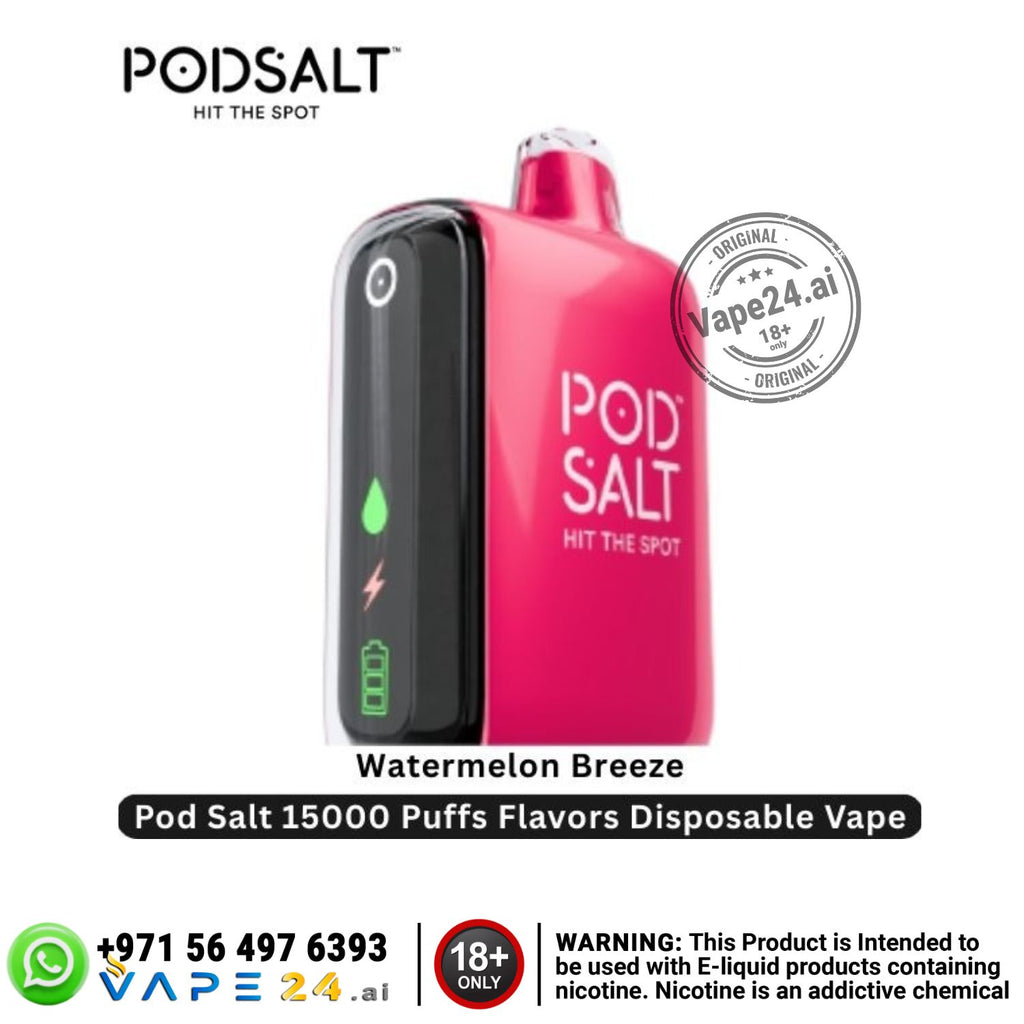 Pod Salt disposable vape with watermelon flavor on a white background