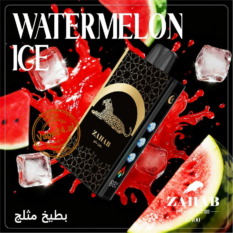 Zahab vape device with watermelon ice flavor theme, featuring watermelons and ice cubes.