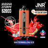 Shisha Storm vape device with watermelon ice flavor on a black background, featuring JNR branding and contact information.