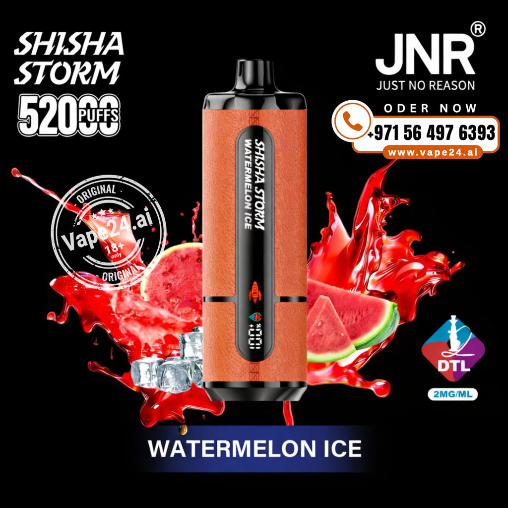 Shisha Storm vape device with watermelon ice flavor on a black background, featuring JNR branding and contact information.