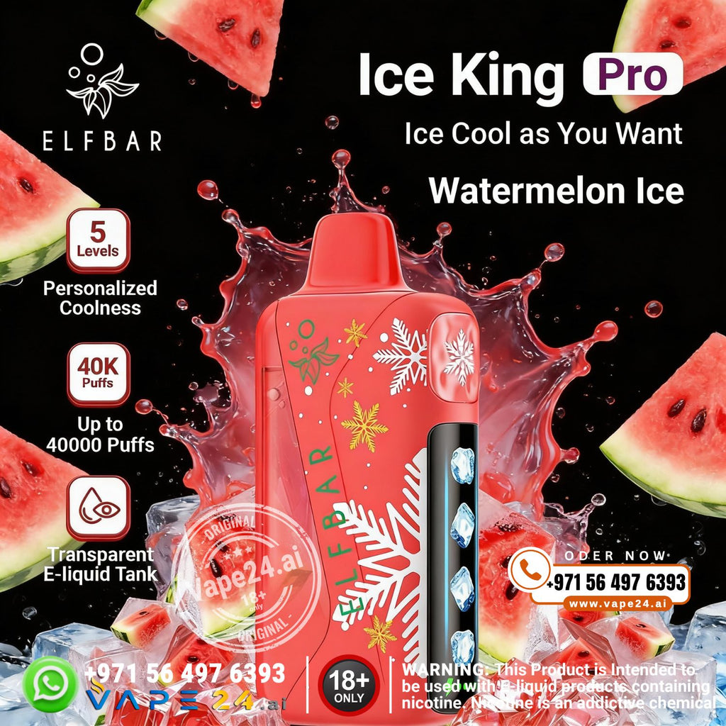 Elfbar Ice King Pro watermelon ice vape device with watermelon slices and splashes on a black background.