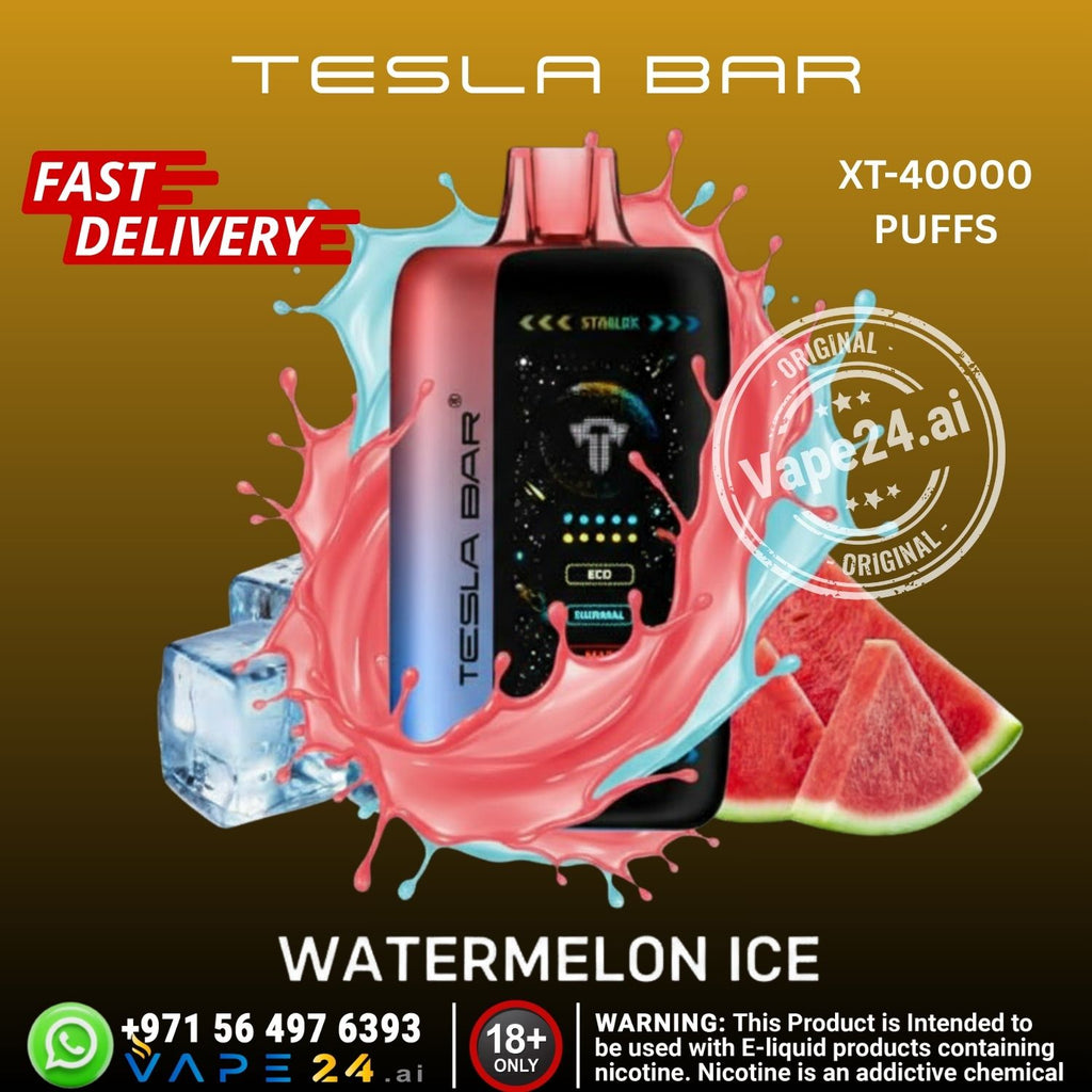 Tesla Bar vape device with watermelon ice flavor on a colorful background
