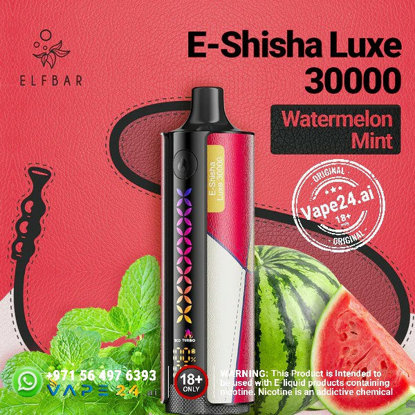 Elf Bar E-Shisha Luxe 30000 Puffs Watermelon Mint flavor with mint leaves and watermelon slices on a vibrant background.