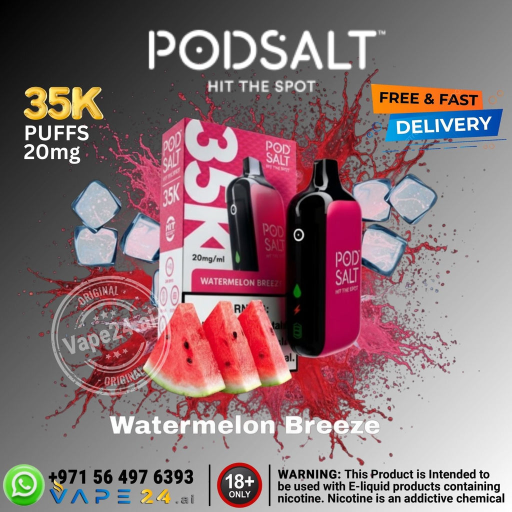 Promotional image of Pod Salt vape devices with watermelon flavor, showing packaging and product on a colorful background.