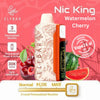 Elfbar Nic King disposable vape featuring watermelon and cherry flavors, offering 30k puffs and personalized nicotine levels.