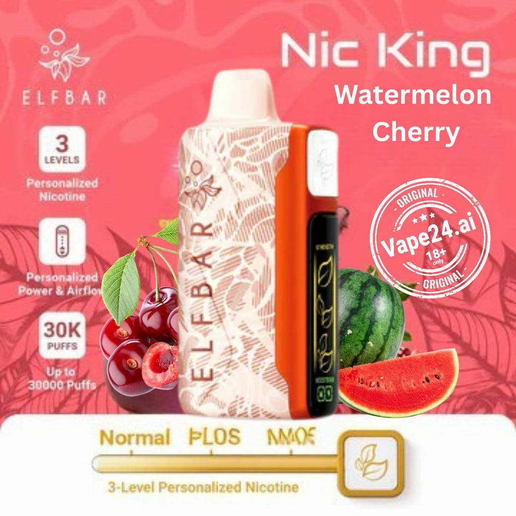 Elfbar Nic King disposable vape featuring watermelon and cherry flavors, offering 30k puffs and personalized nicotine levels.