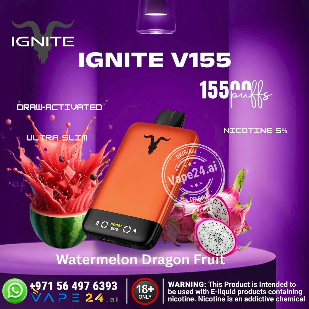 Orange vape device with watermelon and dragon fruit graphics on a purple background, featuring the brand 'IGNITE'.