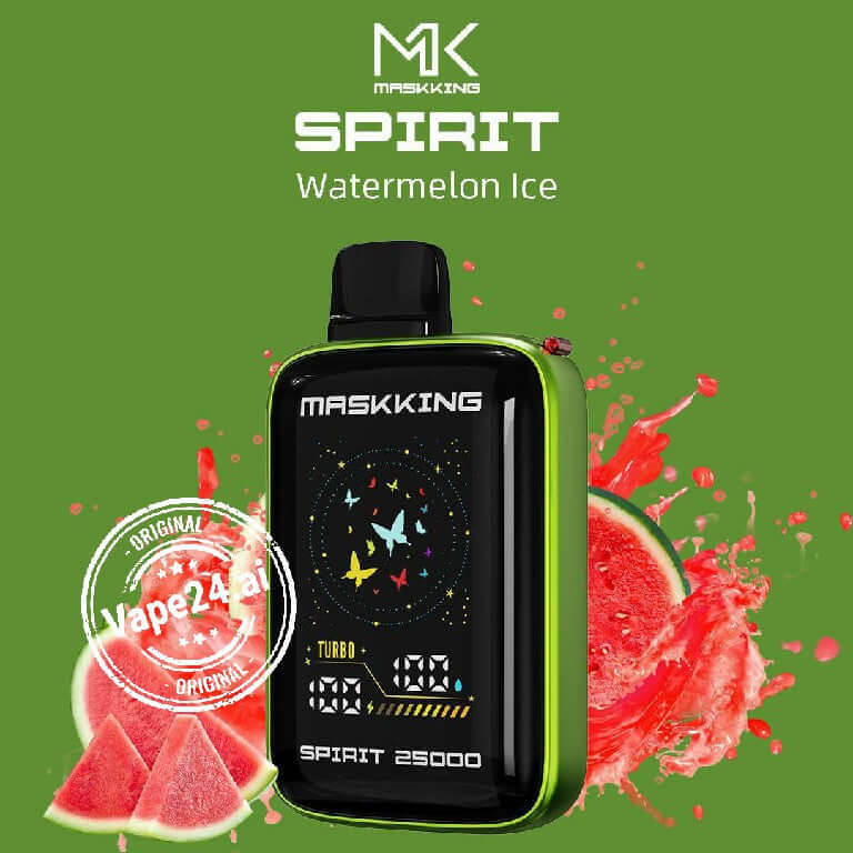 MASKKING SPIRIT Watermelon Ice disposable vape with digital display and watermelon slices in the background.