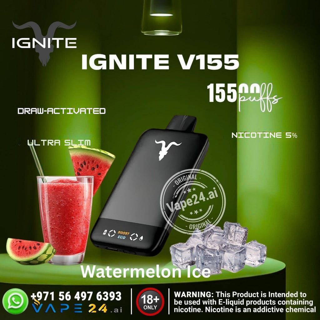 Vape device with watermelon ice flavor on a green background, featuring IGNITE V155 branding.
