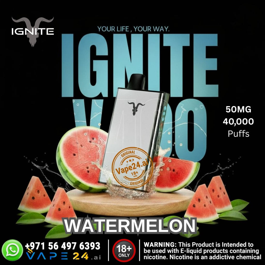 Vape device with watermelon flavor on a black background, featuring the brand 'Vape24.ai'.