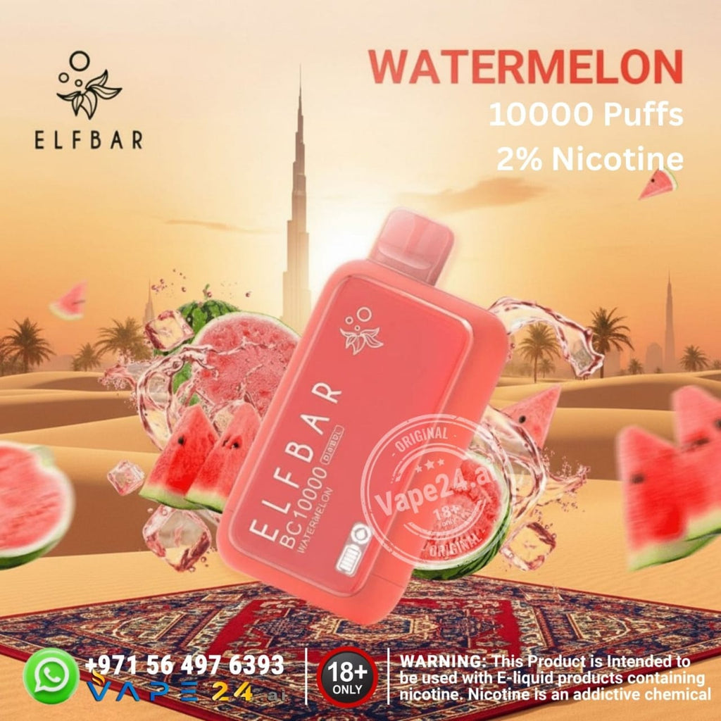 Elf Bar BC10000 puffs 20mg vape device with watermelon flavor and desert background