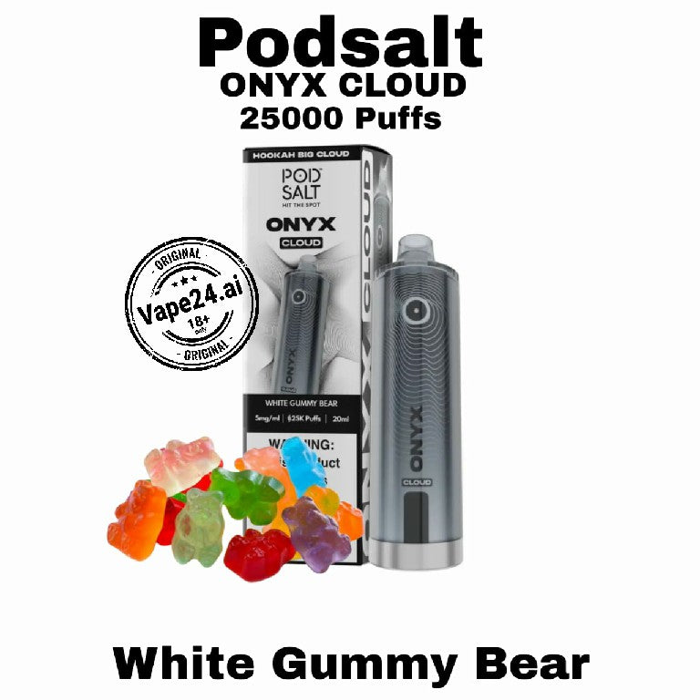 Podsalt ONYX Cloud vape device and packaging with gummy bears on a white background