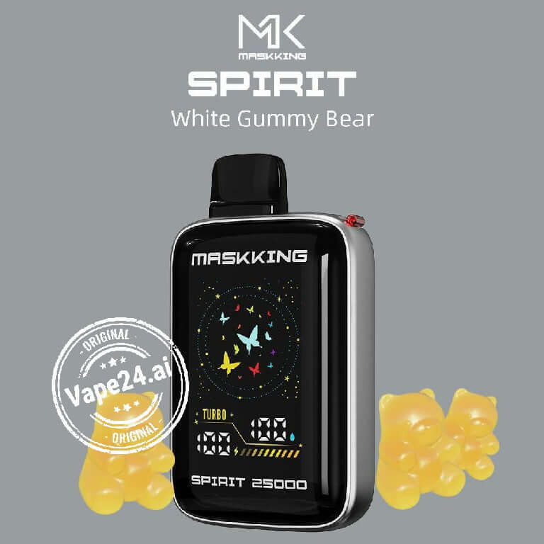 MASKKING SPIRIT 25000 Puffs Disposable Vape with White Gummy Bear flavor on a gray background.