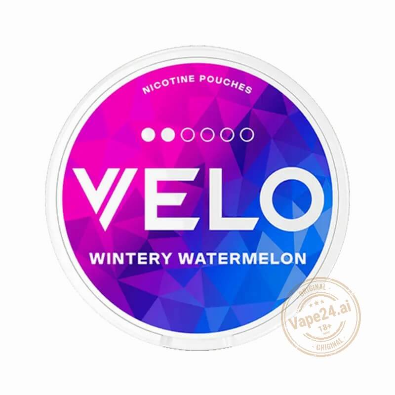 VELO Wintery Watermelon nicotine pouches in vibrant purple and blue packaging, ideal for nicotine enthusiasts.