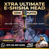 Promotional graphic for an Xtra Ultimate E-Shisha Head hookah set, featuring a glass hookah with a black and gold top, smoke effects, and a man in traditional Middle Eastern attire in the lower right corner. Text highlights 120K puffs, 20ml e-liquid, 1500mAh battery, and adjustable airflow.
