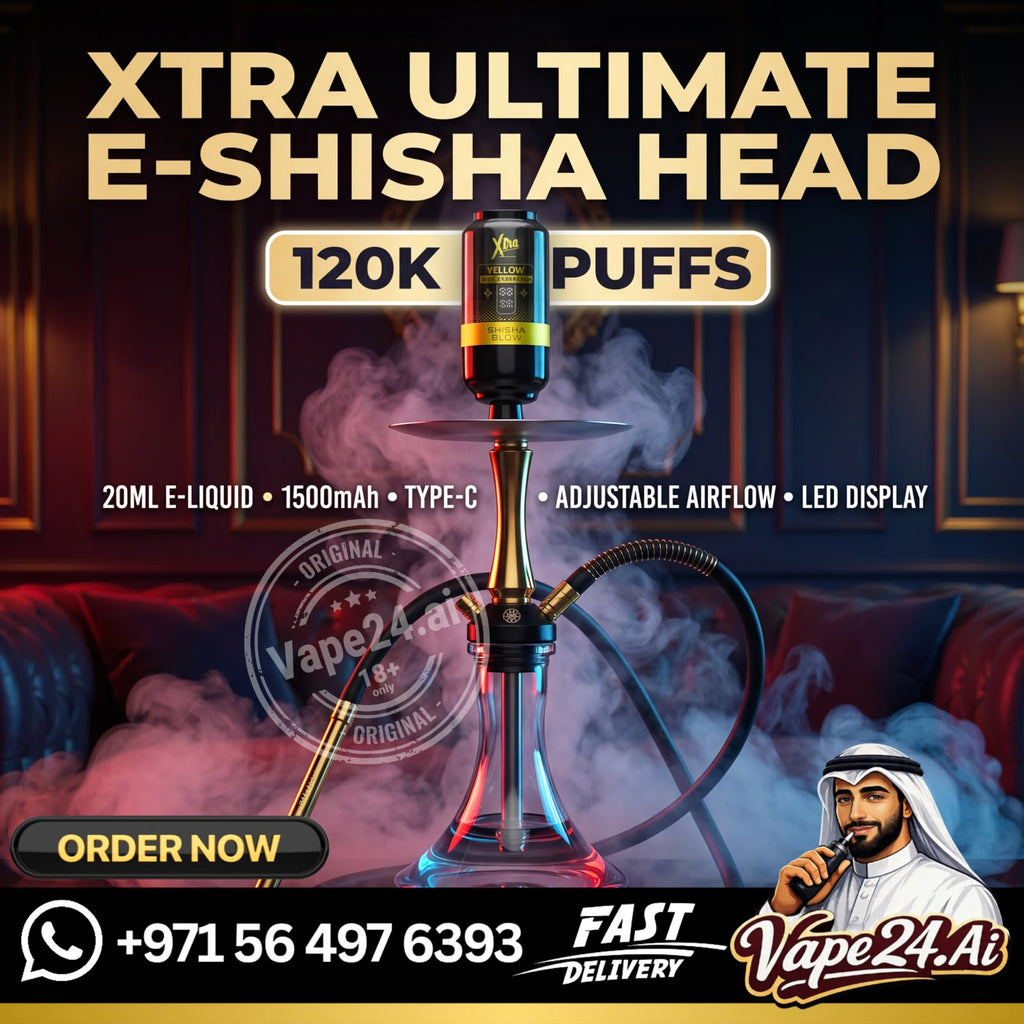 Promotional graphic for an Xtra Ultimate E-Shisha Head hookah set, featuring a glass hookah with a black and gold top, smoke effects, and a man in traditional Middle Eastern attire in the lower right corner. Text highlights 120K puffs, 20ml e-liquid, 1500mAh battery, and adjustable airflow.