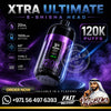 Promotional graphic for an Xtra Ultimate 120K puffs e-shisha head, showing a black and purple vape device with feature icons, a Vape24.Ab logo, and a cartoon man in traditional attire.
