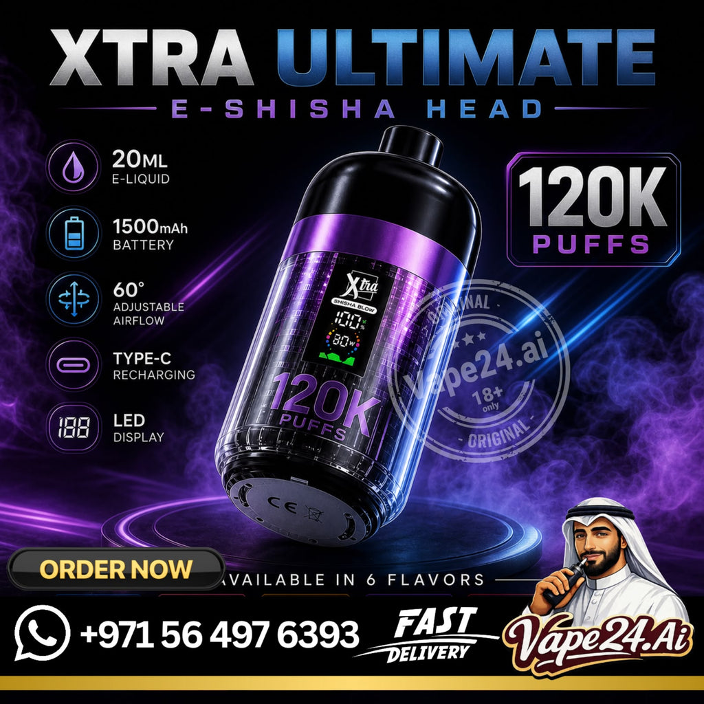 Promotional graphic for an Xtra Ultimate 120K puffs e-shisha head, showing a black and purple vape device with feature icons, a Vape24.Ab logo, and a cartoon man in traditional attire.