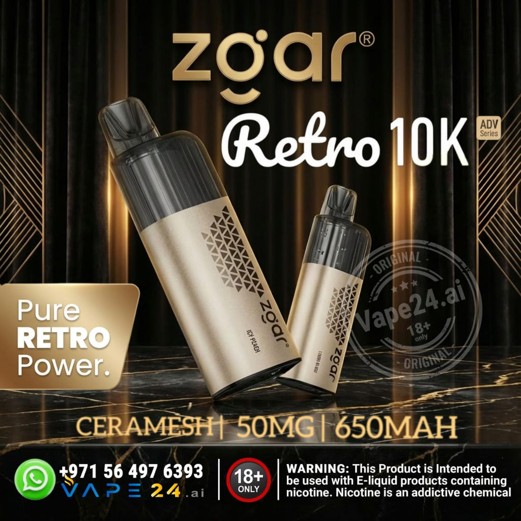 Zgar Retro 10K vape device with branding and product details on a dark background