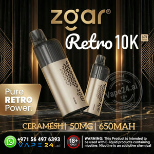 Zgar Retro 10K vape device with branding and product details on a dark background