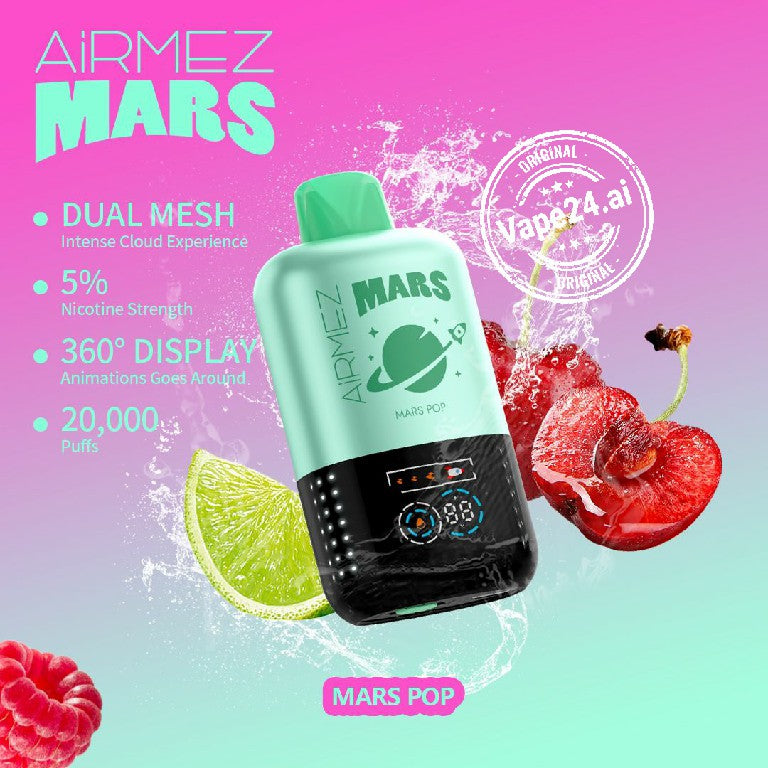 Airmez Mars 20000 Puffs Disposable Vape with Dual Mesh, 5% Nicotine, and 360° Display featuring fruit flavors in Dubai, UAE
