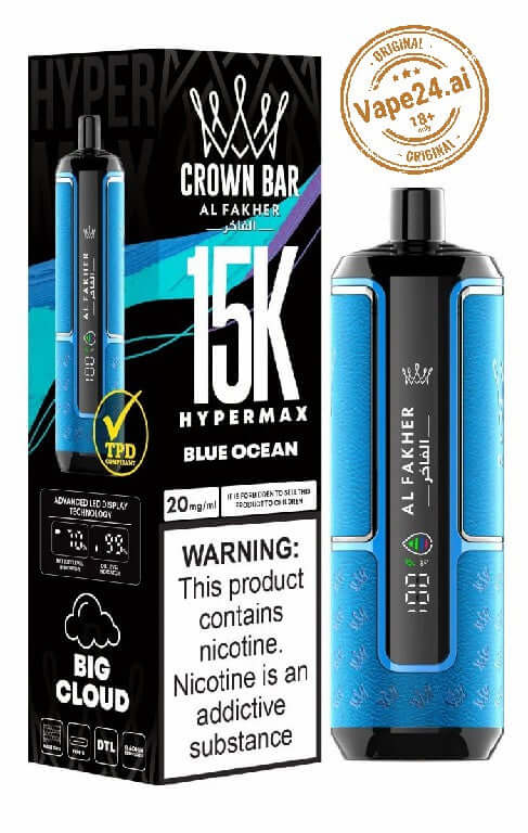 Al Fakher Crown Bar Hypermax 15000 Puffs Blue Ocean Disposable Vape packaging.