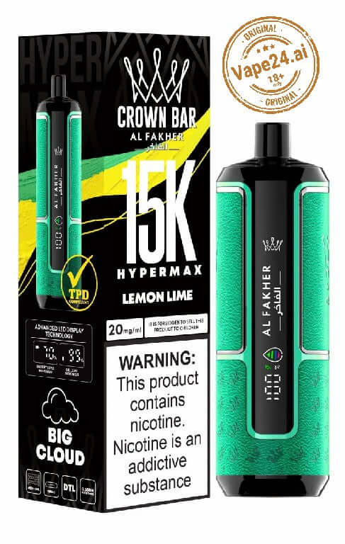 Al Fakher Crown Bar Hypermax Lemon Lime 15000 Puffs Disposable Vape Packaging with Product Warning