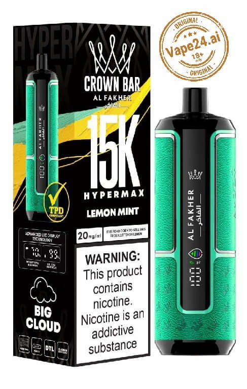 Al Fakher Crown Bar Hypermax 15000 Lemon Mint Disposable Vape Product Packaging in Dubai, UAE