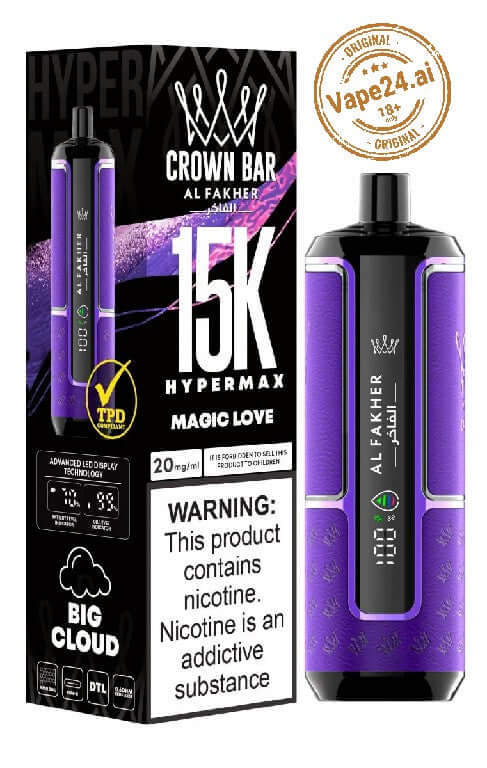 Al Fakher Crown Bar Hypermax 15K Magic Love vape with box, featuring 15000 puffs and nicotine warning label.