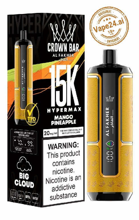 Al Fakher Crown Bar Hypermax 15K Mango Pineapple Disposable Vape Box and Device in Dubai, UAE