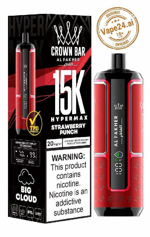 Al Fakher Crown Bar Hypermax 15K Strawberry Punch Disposable Vape with warning label and Vape24.ae seal.