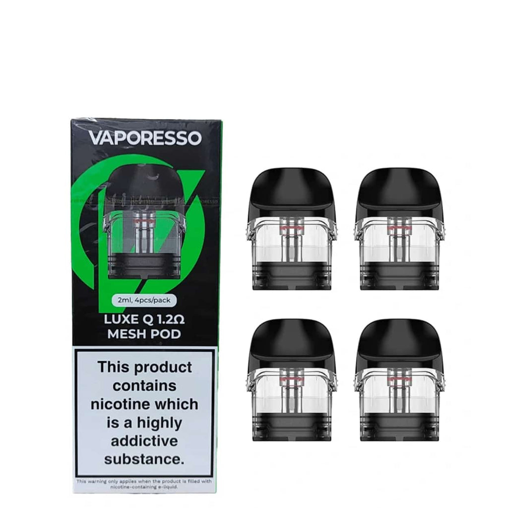 Vaporesso Luxe Q Replacement Pods 4-Pack 2ml Mesh Pods with nicotine warning label
