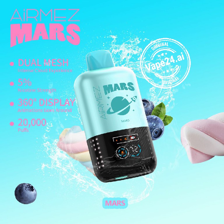 Airmez Mars 20000 Puffs Disposable Vape Design with Dual Mesh and 5% Nicotine Strength, featuring 360° Display.