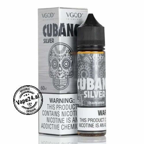 VGOD 60ML Cubano Silver E-Liquid with nicotine warning and packaging, perfect for premium vaping experience.