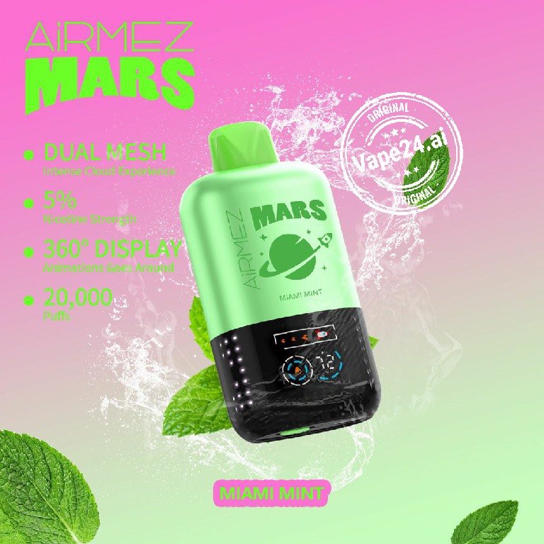 Airmez Mars 20000 Puffs Disposable Vape in Miami Mint flavor with dual mesh, 5% nicotine strength, and 360-degree display.