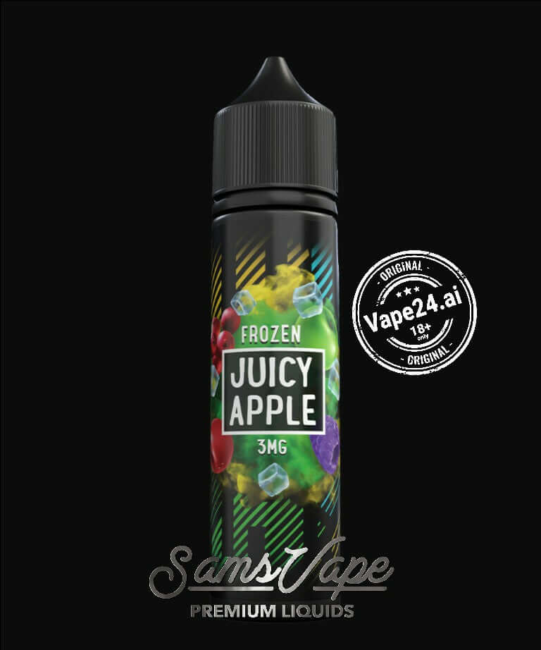 SAMS VAPE Frozen Juicy Apple E-Liquid in 60ml bottle with 3mg nicotine, featuring colorful fruit design.