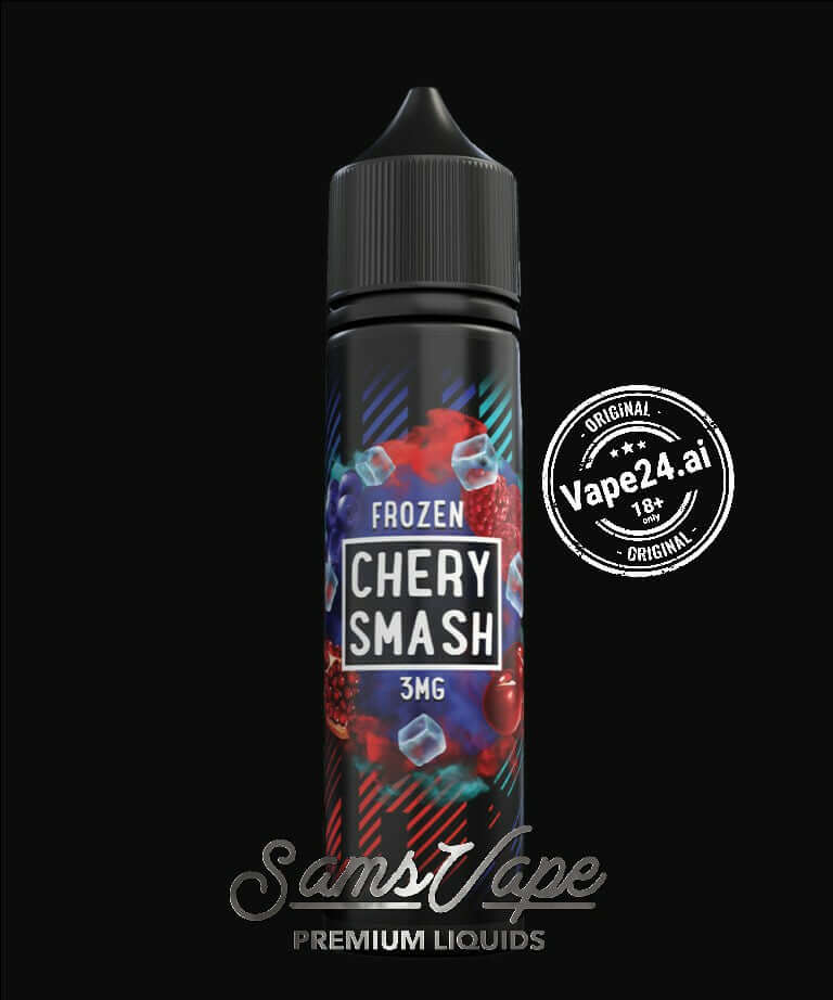 SAMS VAPE Frozen Cherry Smash e-liquid bottle, 3mg nicotine, premium vaping experience.