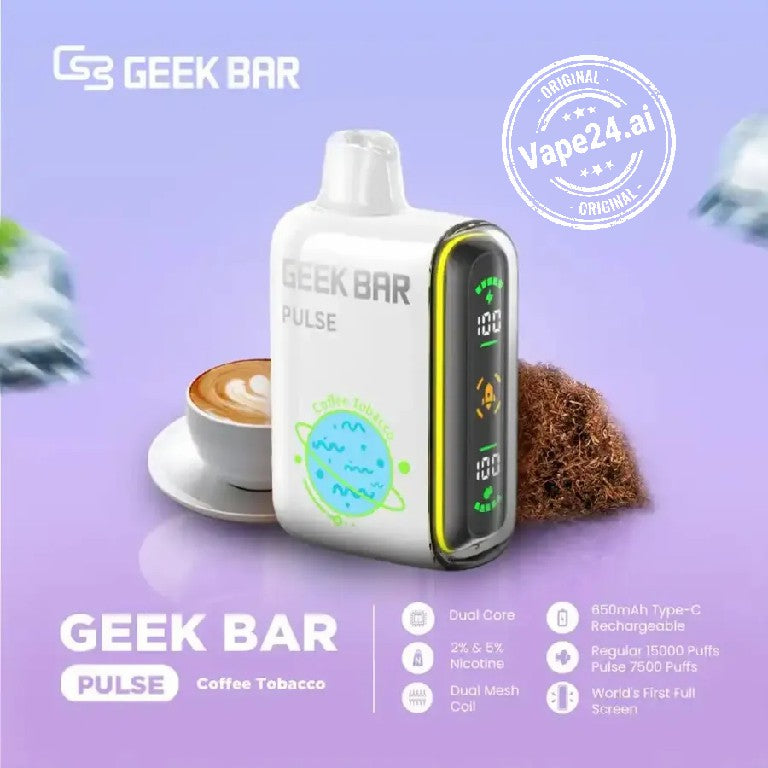 Geek Bar Pulse 15000 Puffs Disposable Vape with Coffee and Tobacco Flavor Displayed Next to Coffee Cup and Tobacco Leafs