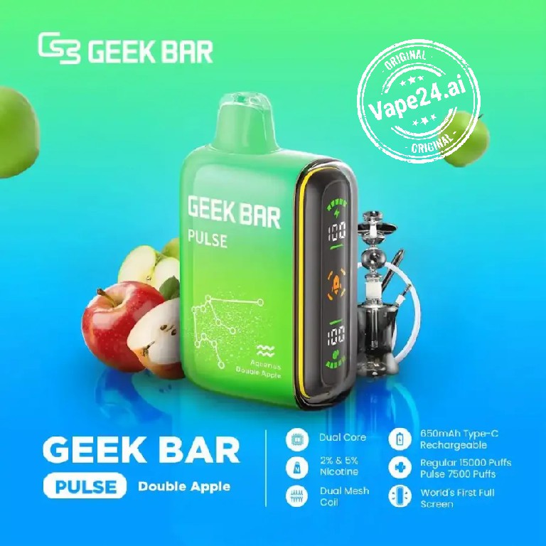 Geek Bar Pulse Double Apple 15000 Puffs Disposable Vape with LED display and apple background features