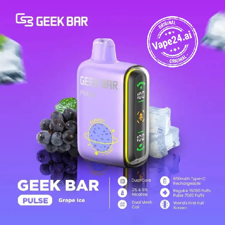 Geek Bar Pulse Grape Ice 15000 Puffs Disposable Vape with Dual Core and Rechargeable Features