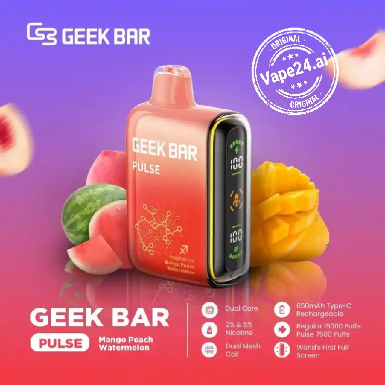 Geek Bar Pulse Disposable Vape with Mango Peach Watermelon flavors, 15000 puffs, Dual Core, 850mAh Type-C Rechargeable, available at Vape24.ai