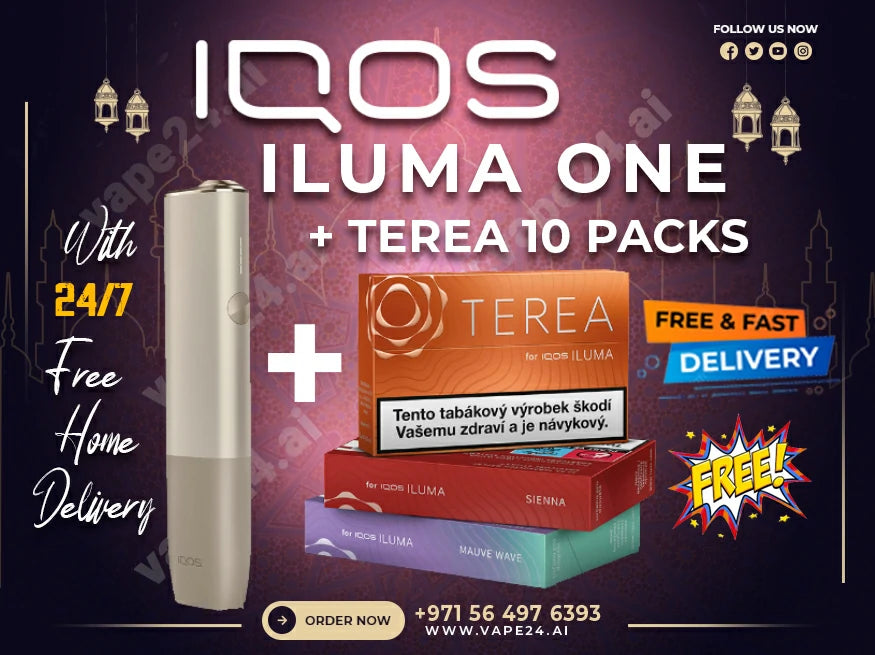 IQOS Iluma One device with TEREA 10 packs, promoting free delivery and vaping products, featured in a vibrant advertisement.