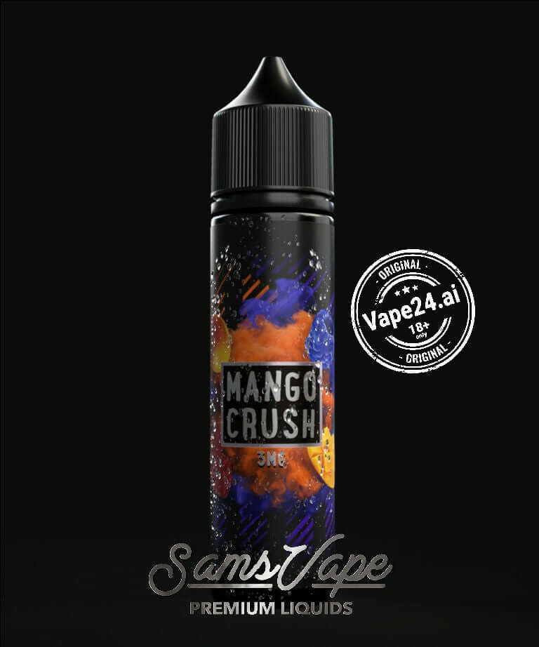 SAMS VAPE Mango Crush E-Liquid 60ml bottle with vibrant design, promoting premium vaping experience.