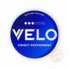 VELO Crispy Peppermint Nicotine Pouches pack on a blue background, perfect for a cool nicotine experience.