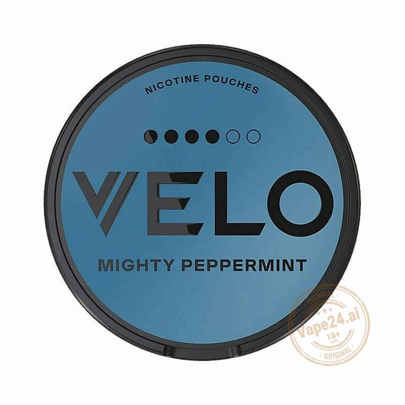 VELO Mighty Peppermint nicotine pouches in a round container, ideal for discreet nicotine enjoyment.