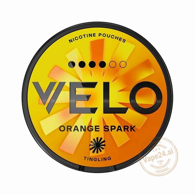 VELO Orange Spark nicotine pouches in vibrant packaging for a refreshing nicotine experience.