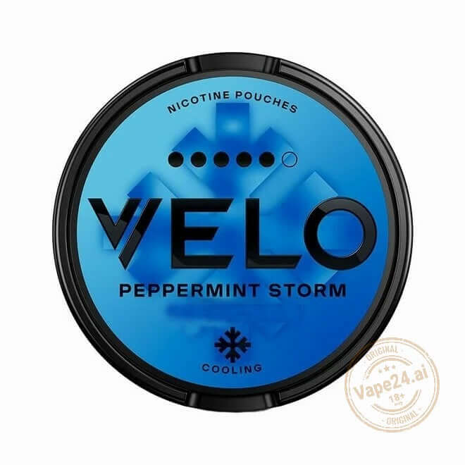 VELO Peppermint Storm nicotine pouches packaging featuring blue and black design, ideal for a fresh nicotine experience.