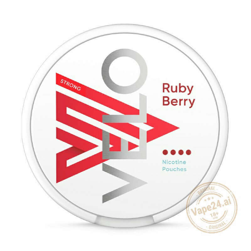 VELO Ruby Berry Strong Nicotine Pouches packaging with bold red design.