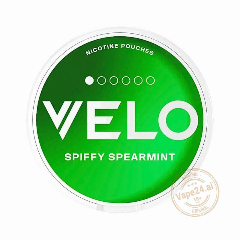 VELO Spiffy Spearmint nicotine pouches in green packaging, ideal for a refreshing nicotine experience.