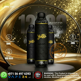 Yalla vape devices with branding and product details on a decorative background